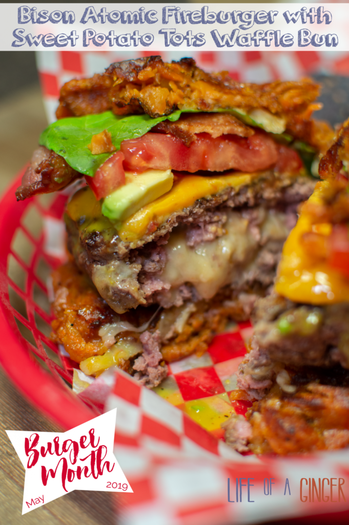 #BurgerMonth Bison Atomic Fireburger with Sweet Potato Tots Waffle Bun